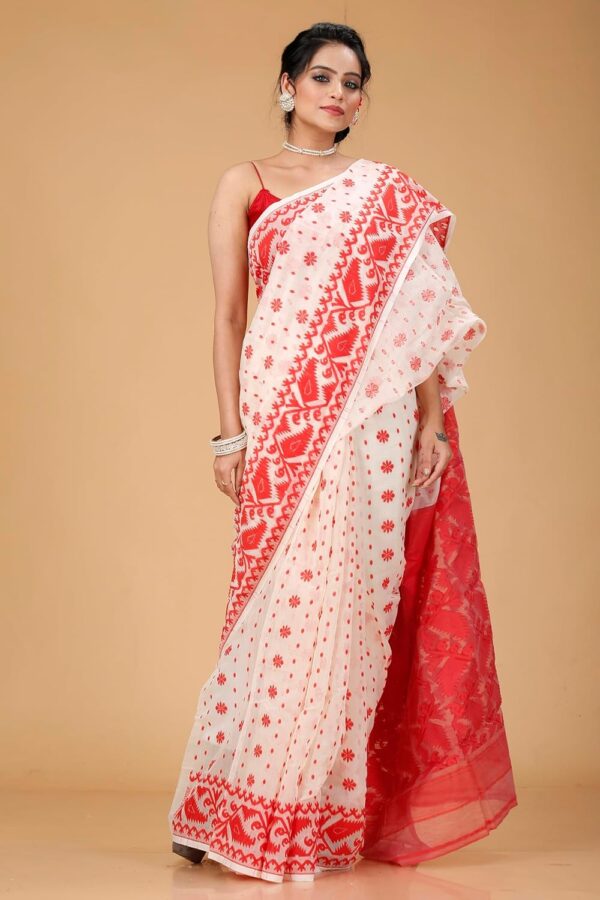 OISHANI SAREE GHOR Women's Traditional Bengal Cotton Silk Soft Jamdani Saree - Beautiful design and Quality - Without Blouse Piece - Image 4