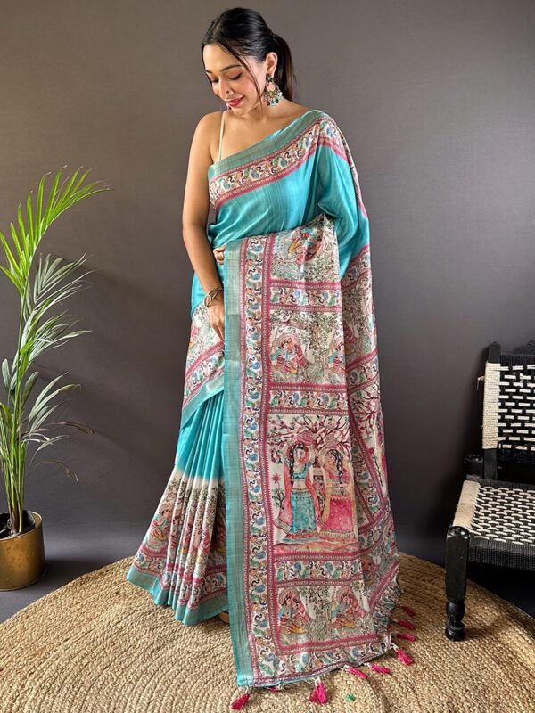 Panzora Women's Tussar Silk Madhubani Printed Saree With Unstitched Blouse Piece - Image 2