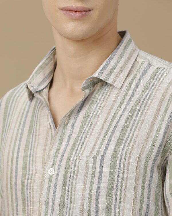 Linen Club Men's Pure Linen Off White Striped Contemporary Fit Full Sleeve Casual Shirt - Image 4