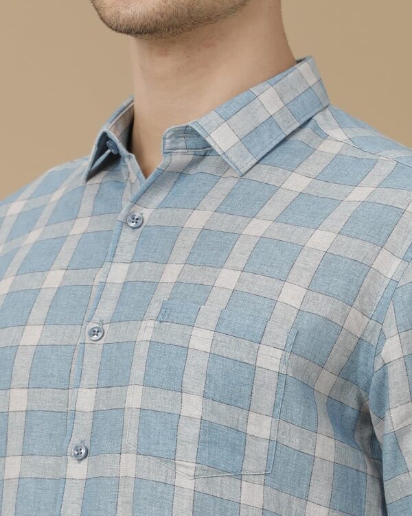 Linen Club Men's Linen Rich Blue Checked Contemporary Fit Full Sleeve Casual Shirt - Image 4