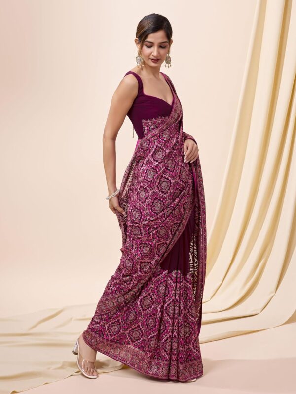 TRENDMALLS Women's Vichitra Silk Embroidery, Siroski Stone Work Saree with Unstitch Blouse Piece - Image 6