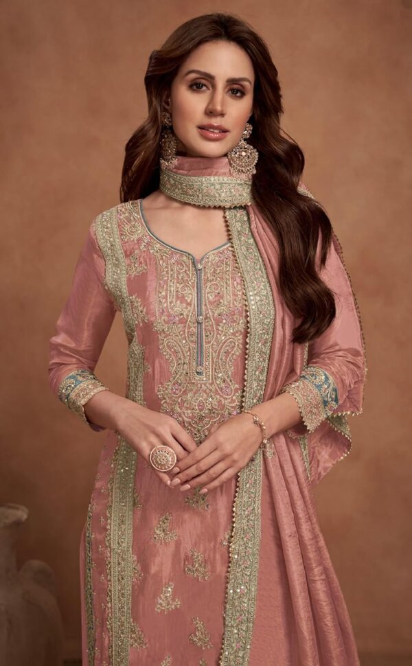 Miss Ethnik Women's Peach Chinon Stitched Top With Stitched Chinon Bottom and Chinon Dupatta Full Sleeve Embroidered Straight Top (ME-1192) - Image 3