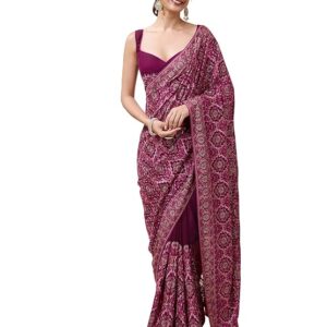 TRENDMALLS Women's Vichitra Silk Embroidery, Siroski Stone Work Saree with Unstitch Blouse Piece