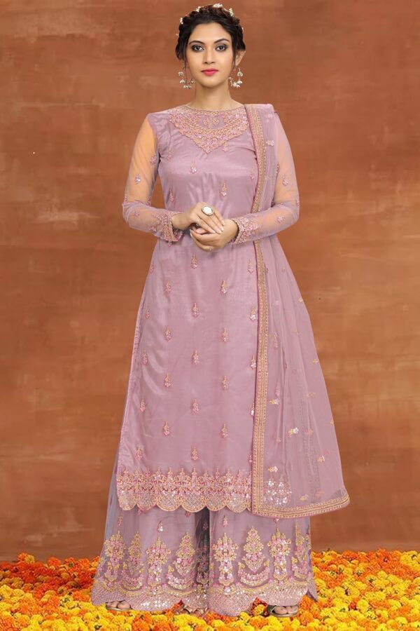 TRENDMALLS Women's Net Embroidery Salwar Suit Kurta Sharara Set with Dupatta Skyblue - Image 3