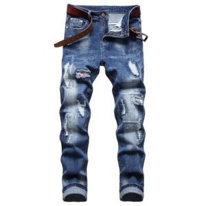 AITITIA Men's Biker Zipper Deco Washed Straight Fit Jeans