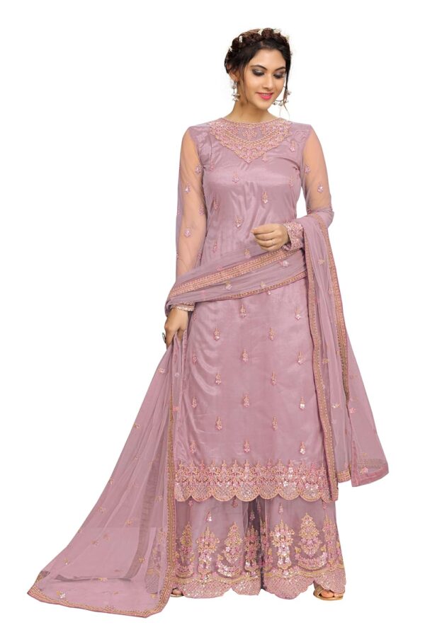 TRENDMALLS Women's Net Embroidery Salwar Suit Kurta Sharara Set with Dupatta Skyblue - Image 5