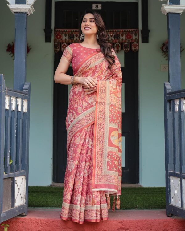 ALMAARI FASHION Handloom Cotton Floral Printed Saree with Tassels on Edges & Attached Blouse Piece | 5.5 Meter Saree + 0.8 Meter Blouse - Image 4