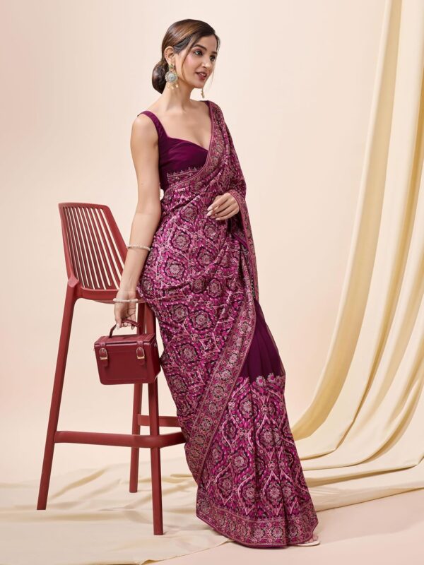 TRENDMALLS Women's Vichitra Silk Embroidery, Siroski Stone Work Saree with Unstitch Blouse Piece - Image 3