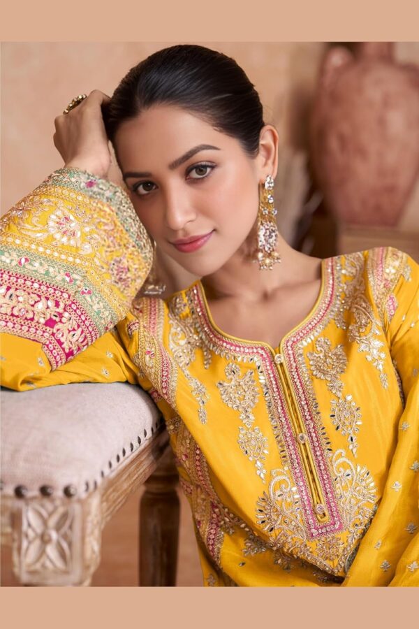 Miss Ethnik Women's Yellow Color Chinon Embroidered Kurta Palazzo Set With Embroidered Dupatta (ME-1140-Yellow) - Image 3