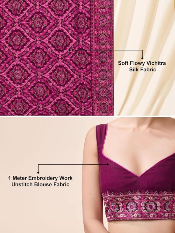 TRENDMALLS Women's Vichitra Silk Embroidery, Siroski Stone Work Saree with Unstitch Blouse Piece - Image 5