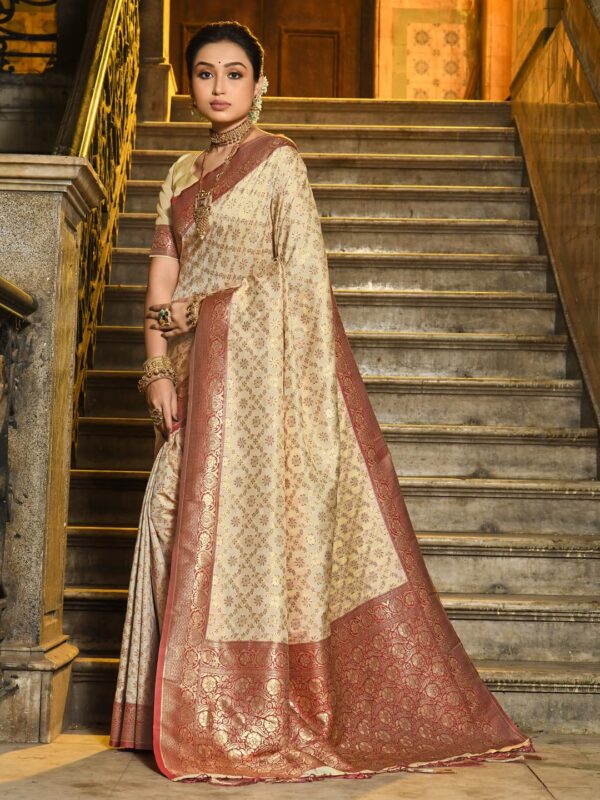 Astita Banarasi Silk Saree with Golden Zari Floral Weaving | Soft Lightweight Traditional Saree for Women | Perfect for Festive Occasions, Gifting & Celebrations - Image 2