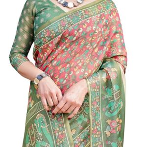 ALMAARI FASHION Handloom Cotton Floral Printed Saree with Tassels on Edges & Attached Blouse Piece | 5.5 Meter Saree + 0.8 Meter Blouse