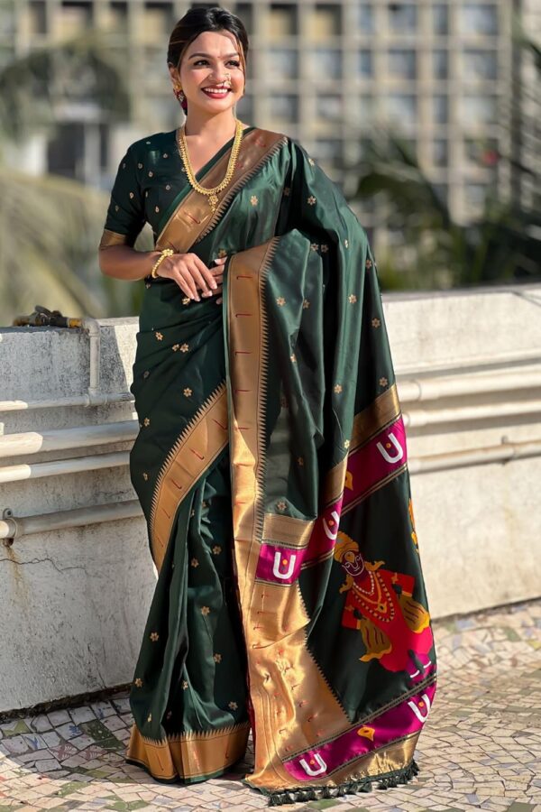 SGF11 Women's Kanjivaram Paithani Silk Saree With Unstitched Blouse Piece - Image 2