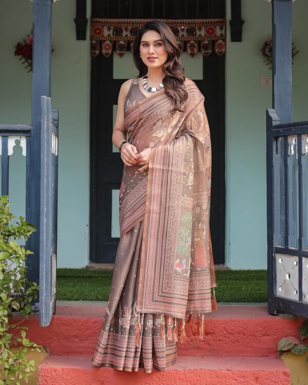 ALMAARI FASHION Handloom Cotton Floral Printed Saree with Tassels on Edges & Attached Blouse Piece | 5.5 Meter Saree + 0.8 Meter Blouse - Image 4