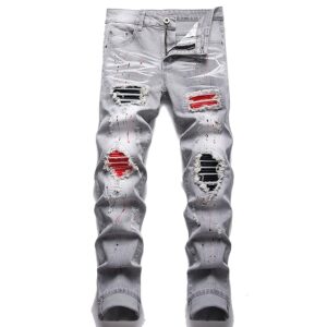 AITITIA Men's Biker Zipper Deco Washed Straight Fit Jeans