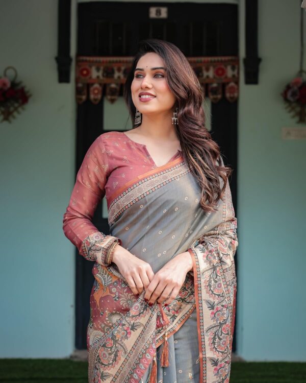 ALMAARI FASHION Handloom Cotton Floral Printed Saree with Tassels on Edges & Attached Blouse Piece | 5.5 Meter Saree + 0.8 Meter Blouse - Image 3
