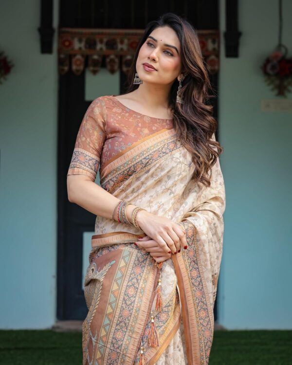 ALMAARI FASHION Handloom Cotton Floral Printed Saree with Tassels on Edges & Attached Blouse Piece | 5.5 Meter Saree + 0.8 Meter Blouse - Image 6