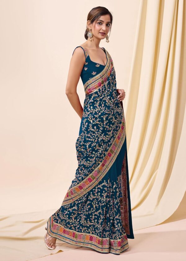 TRENDMALLS Women's Vichitra Silk Embroidery, Siroski Stone Work Saree with Unstitch Blouse Piece - Image 3