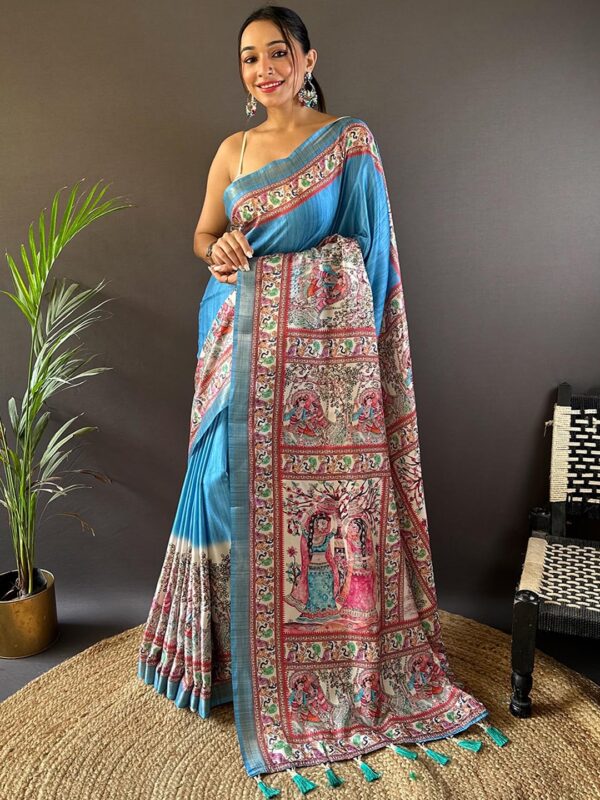 Panzora Women's Tussar Silk Madhubani Printed Saree With Unstitched Blouse Piece - Image 2