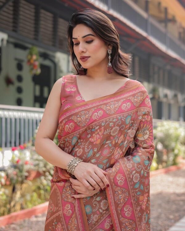ALMAARI FASHION Handloom Cotton Floral Printed Saree with Tassels on Edges & Attached Blouse Piece | 5.5 Meter Saree + 0.8 Meter Blouse - Image 6