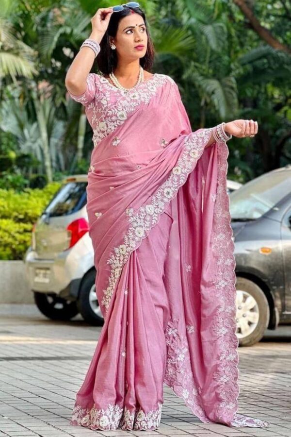 SGF11 Women's Chinon Silk Embroidery Work Saree With Unstitched Blouse Piece (Pink) - Image 2