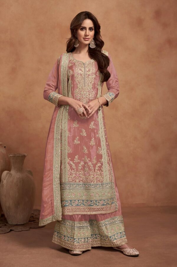 Miss Ethnik Women's Peach Chinon Stitched Top With Stitched Chinon Bottom and Chinon Dupatta Full Sleeve Embroidered Straight Top (ME-1192) - Image 2
