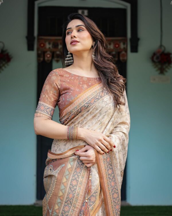 ALMAARI FASHION Handloom Cotton Floral Printed Saree with Tassels on Edges & Attached Blouse Piece | 5.5 Meter Saree + 0.8 Meter Blouse - Image 4