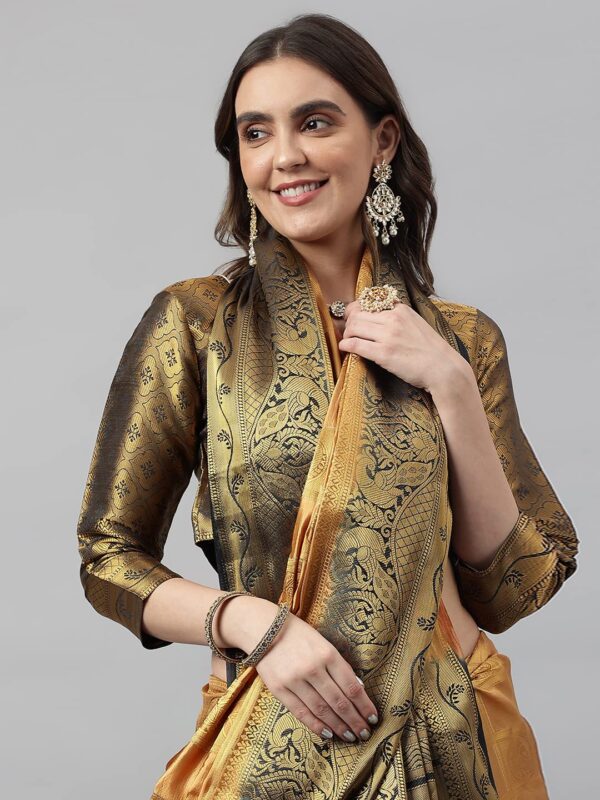 KAVINDI Women's Banarasi Silk With Jacquard Print Saree With Blouse - Image 4