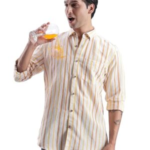 TURMS Water Repellent Men's Striped Shirt | Anti Stain Anti Odor | Concealed Button Down Collar Full Sleeves Kansas Linen Casual and Formal Wear
