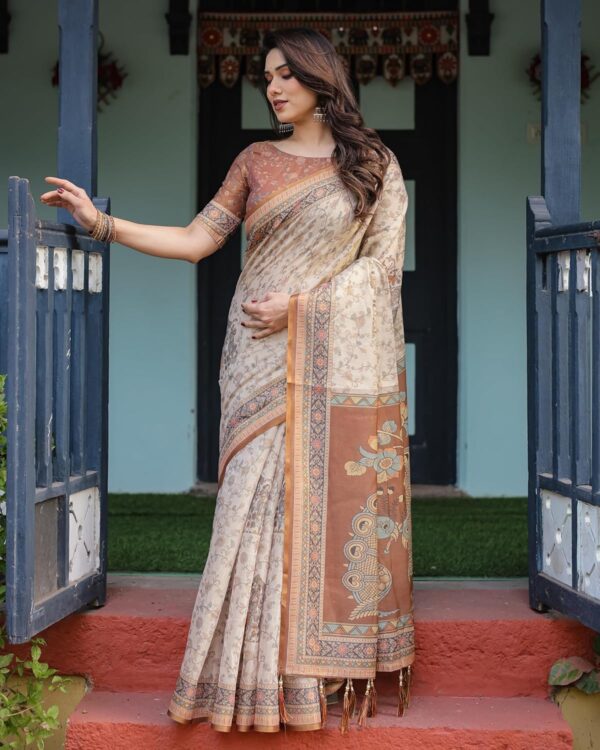 ALMAARI FASHION Handloom Cotton Floral Printed Saree with Tassels on Edges & Attached Blouse Piece | 5.5 Meter Saree + 0.8 Meter Blouse - Image 3