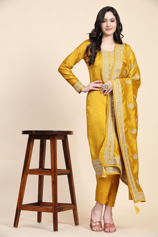 TRENDMALLS Women's Vichitra Silk Embroidery Salwar Suit Set Kurta Pant with Dupatta Yellow Kurta Set for Women - Image 4