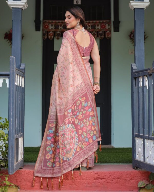 ALMAARI FASHION Handloom Cotton Floral Printed Saree with Tassels on Edges & Attached Blouse Piece | 5.5 Meter Saree + 0.8 Meter Blouse - Image 4