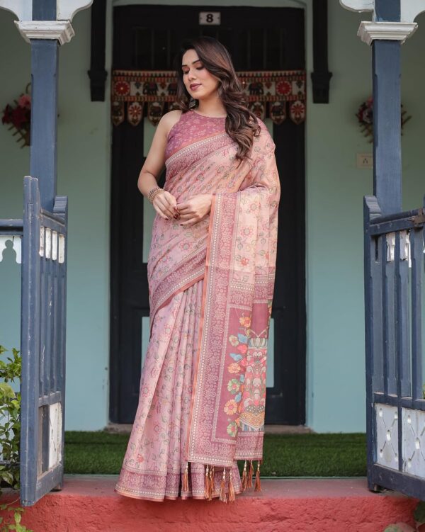 ALMAARI FASHION Handloom Cotton Floral Printed Saree with Tassels on Edges & Attached Blouse Piece | 5.5 Meter Saree + 0.8 Meter Blouse - Image 6