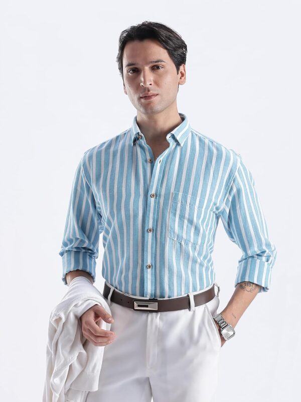 TURMS Water Repellent Men's Striped Shirt | Anti Stain Anti Odor | Concealed Button Down Collar Full Sleeves Kansas Linen Casual and Formal Wear - Image 2