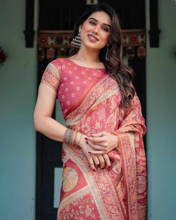 ALMAARI FASHION Handloom Cotton Floral Printed Saree with Tassels on Edges & Attached Blouse Piece | 5.5 Meter Saree + 0.8 Meter Blouse - Image 3