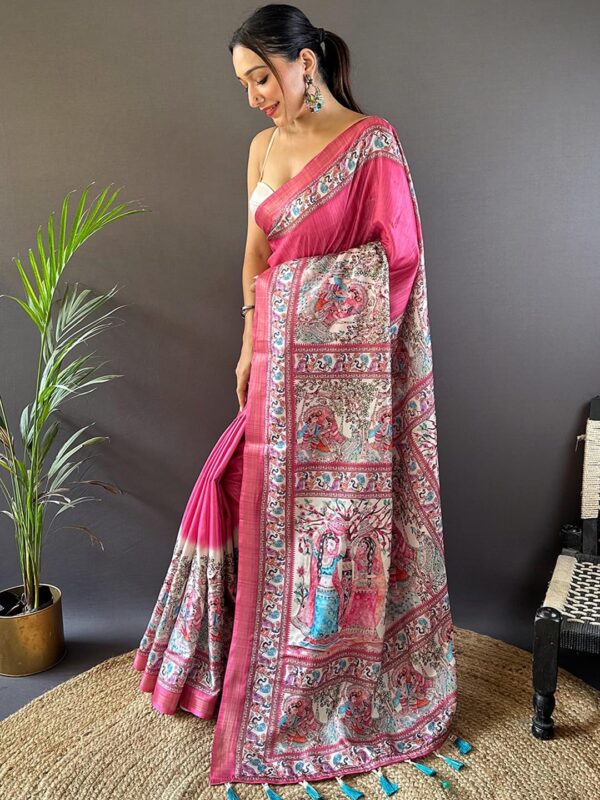 Panzora Women's Tussar Silk Madhubani Printed Saree With Unstitched Blouse Piece - Image 3