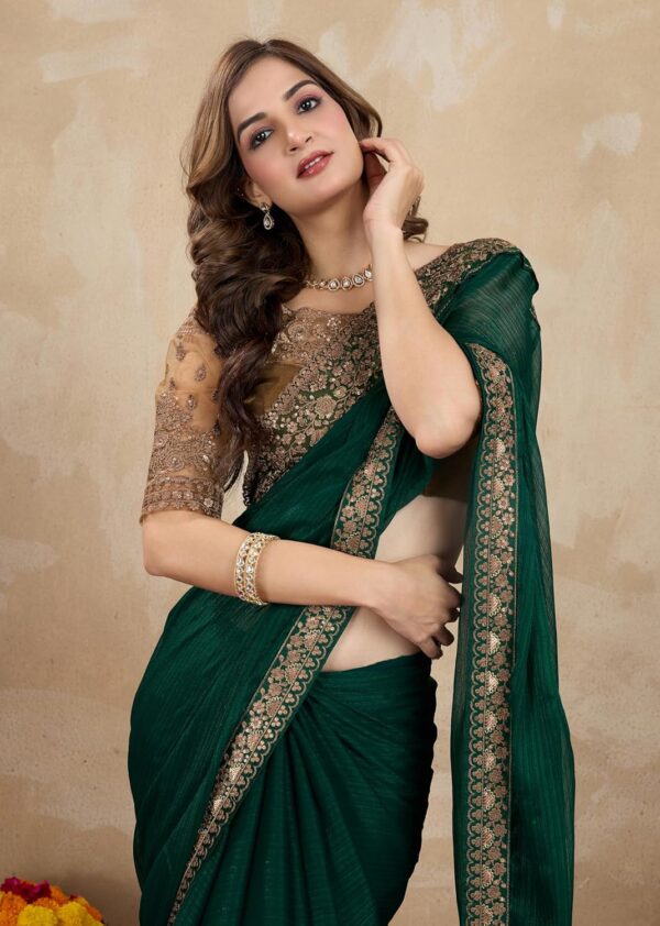 TRENDMALLS Women's Chiffon Embroidered Sequence Border Saree with Blouse Piece - Image 6