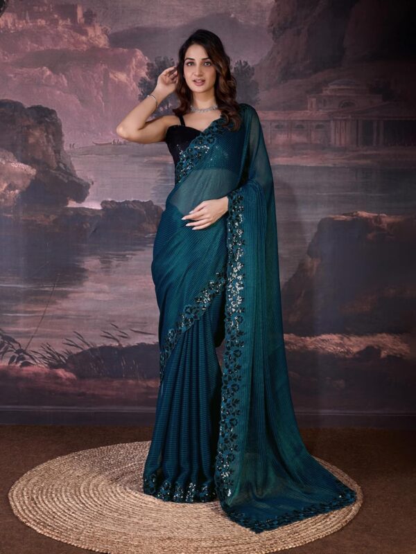 TRENDMALLS Women's Chiffon Embroidered Sequence Border Saree with Blouse Piece - Image 3