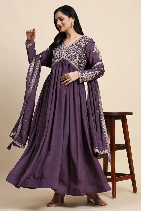 TRENDMALLS Women's Silk Blend Embroidery Alia Cut Kurta Pant Set with Dupatta - Image 3