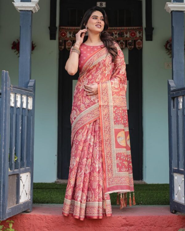 ALMAARI FASHION Handloom Cotton Floral Printed Saree with Tassels on Edges & Attached Blouse Piece | 5.5 Meter Saree + 0.8 Meter Blouse - Image 6