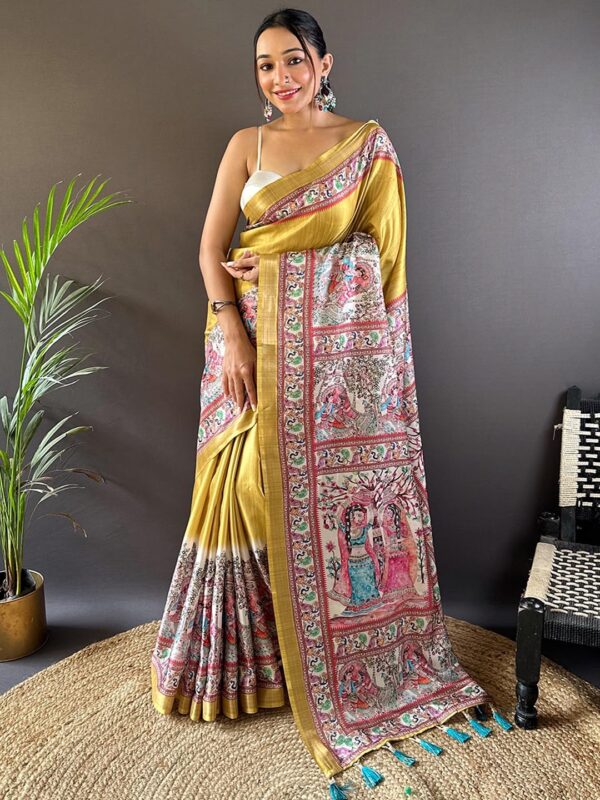 Panzora Women's Tussar Silk Madhubani Printed Saree With Unstitched Blouse Piece - Image 2
