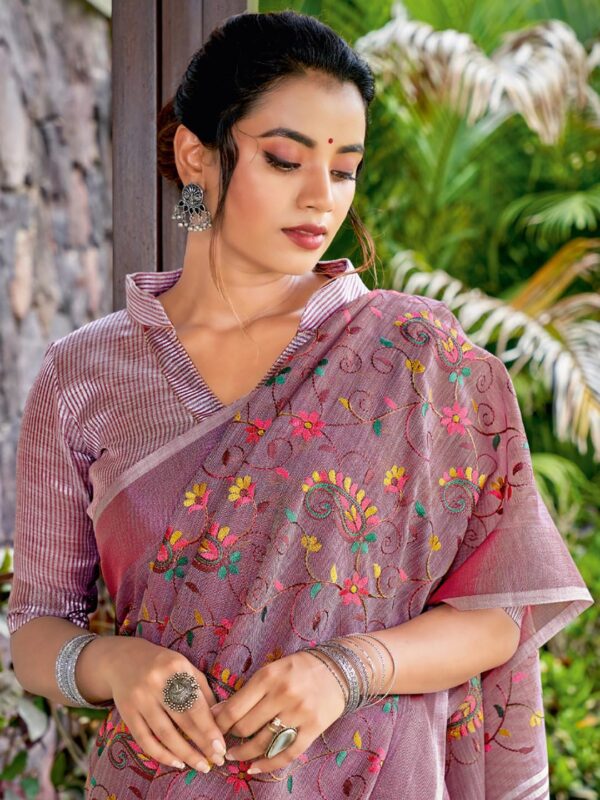Astita Elegant Linen Cotton Saree with Woven Thread Border & Pallu | Soft Traditional Look for Festive Gifting & Everyday Elegance – With Unstitched Blouse Piece - Image 5