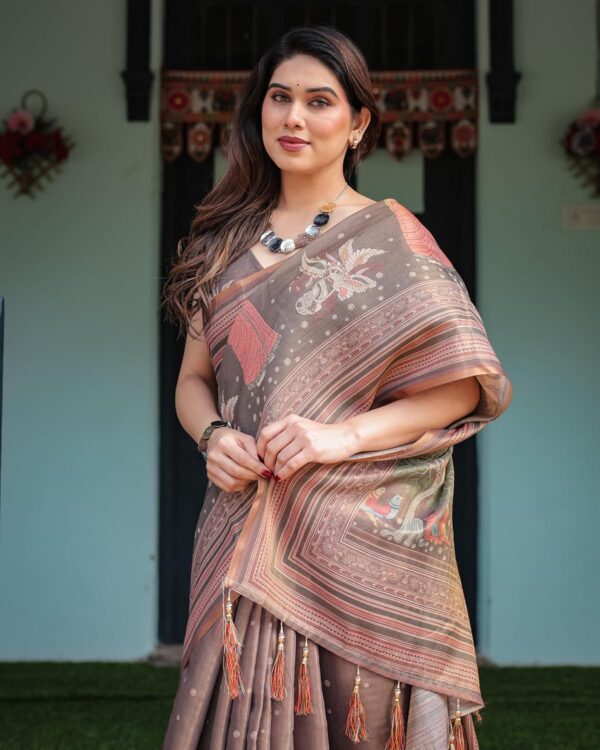 ALMAARI FASHION Handloom Cotton Floral Printed Saree with Tassels on Edges & Attached Blouse Piece | 5.5 Meter Saree + 0.8 Meter Blouse - Image 2