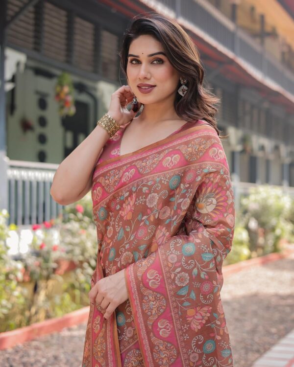 ALMAARI FASHION Handloom Cotton Floral Printed Saree with Tassels on Edges & Attached Blouse Piece | 5.5 Meter Saree + 0.8 Meter Blouse - Image 2