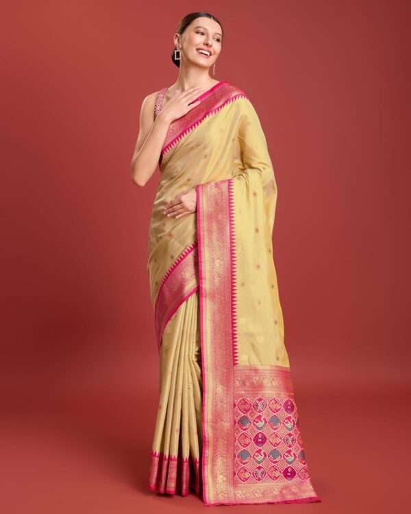 Monjolika Fashion Women's Patola pallu Banarasi tissue silk saree Comes with Unstitched Blouse piece - Image 3