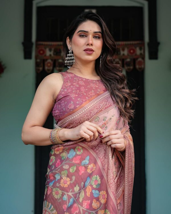 ALMAARI FASHION Handloom Cotton Floral Printed Saree with Tassels on Edges & Attached Blouse Piece | 5.5 Meter Saree + 0.8 Meter Blouse - Image 3