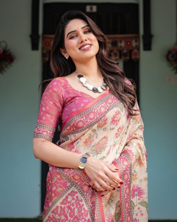 ALMAARI FASHION Handloom Cotton Floral Printed Saree with Tassels on Edges & Attached Blouse Piece | 5.5 Meter Saree + 0.8 Meter Blouse - Image 2