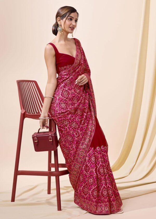 TRENDMALLS Women's Vichitra Silk Embroidery, Siroski Stone Work Saree with Unstitch Blouse Piece - Image 3