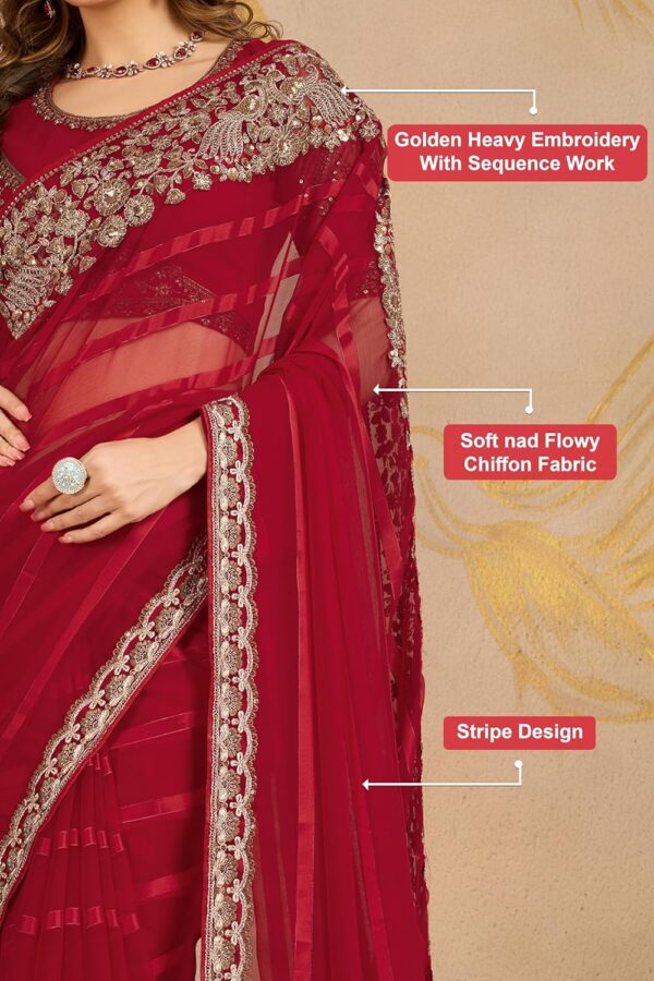 TRENDMALLS Women's Chiffon Embroidered Sequence Border Saree with Blouse Piece - Image 5