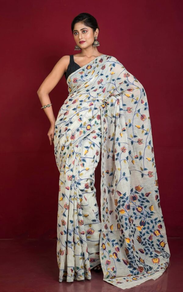 Bengal looms India Tantuja Inspired Traditional Karat Nakshi Work Soft Jamdani Saree - Image 5